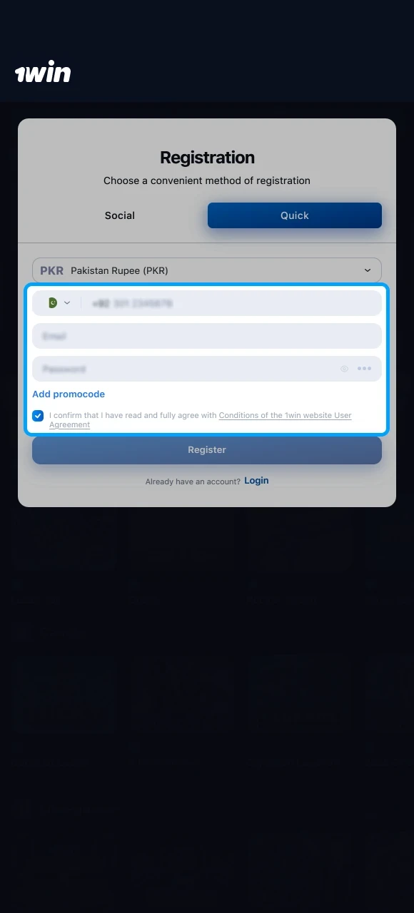 Fill in your personal details and accept the official 1win terms and conditions to proceed.
