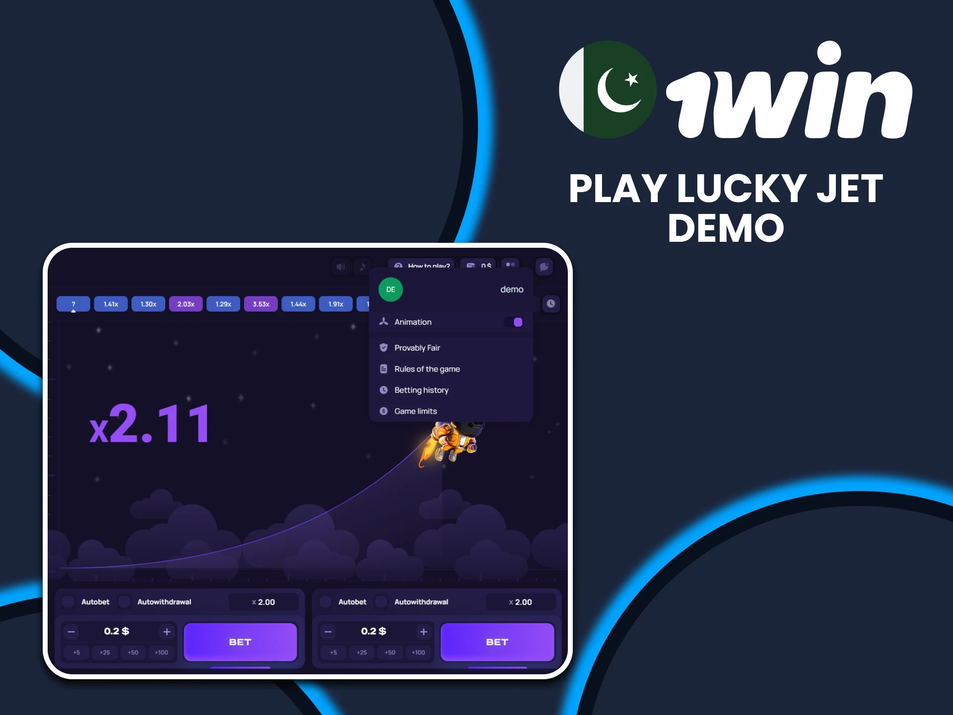 Try playing Lucky Jet in demo version from 1win.