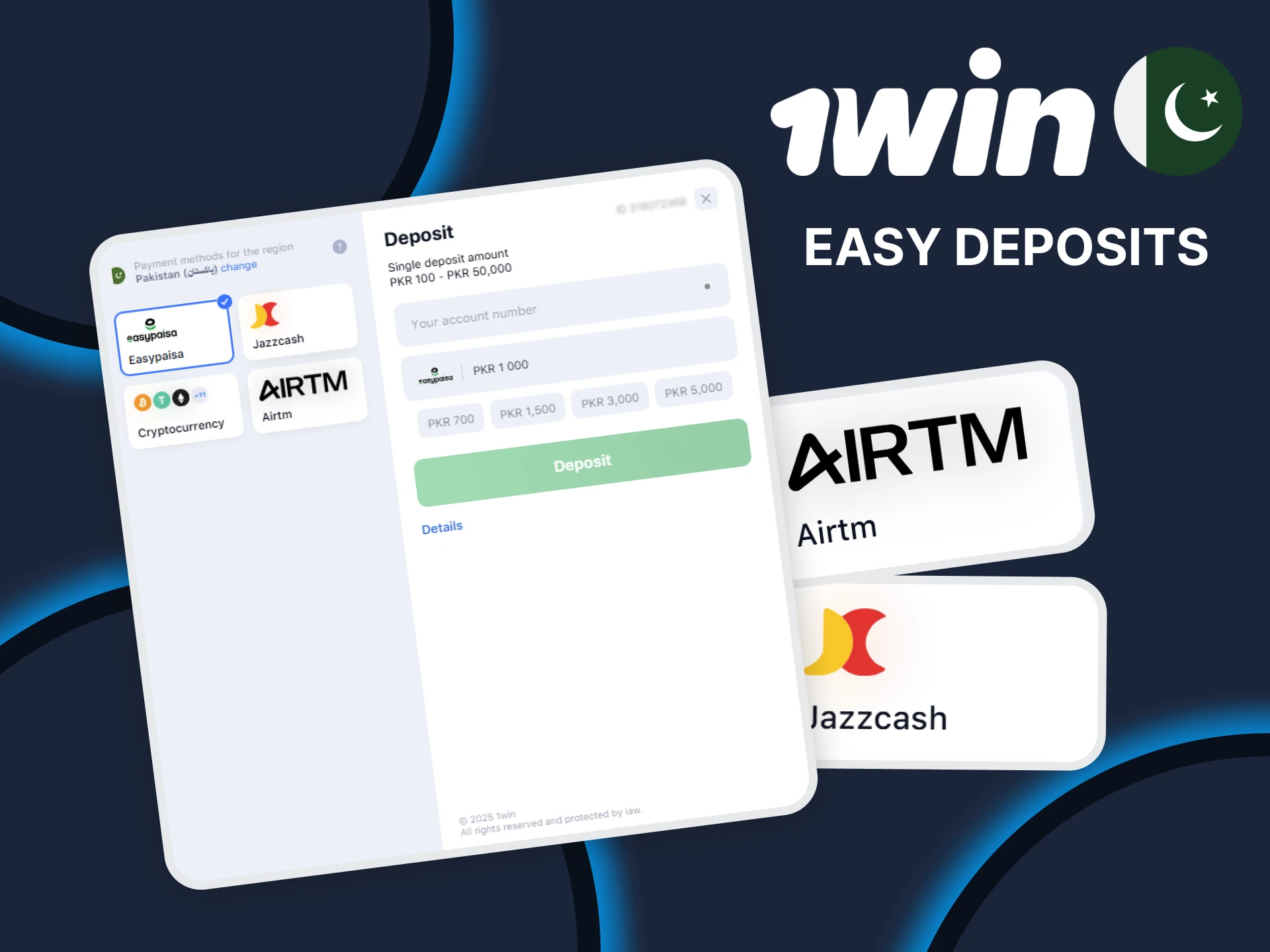 Make easy and secure deposits using JazzCash or Nayapay on the official 1win Pakistan website.