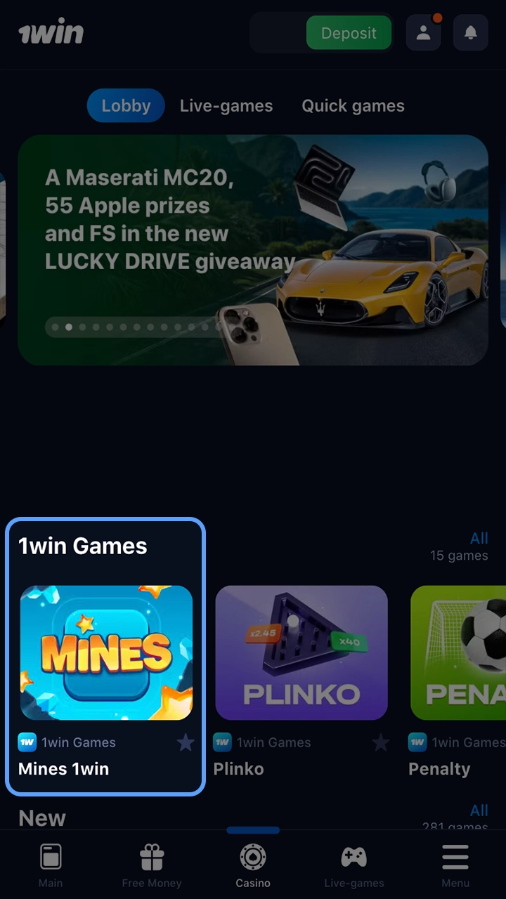 Use the search section or category to find a game at 1win.