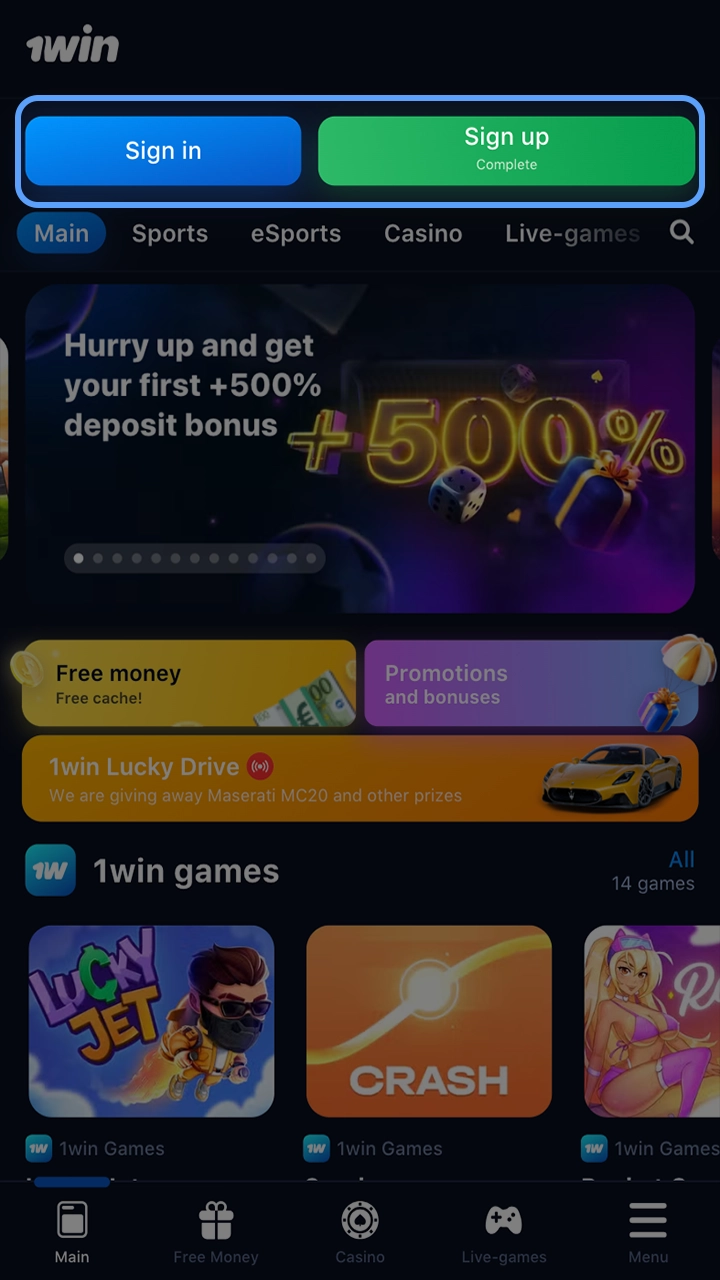 Log in to your personal 1win account or create one to start playing.