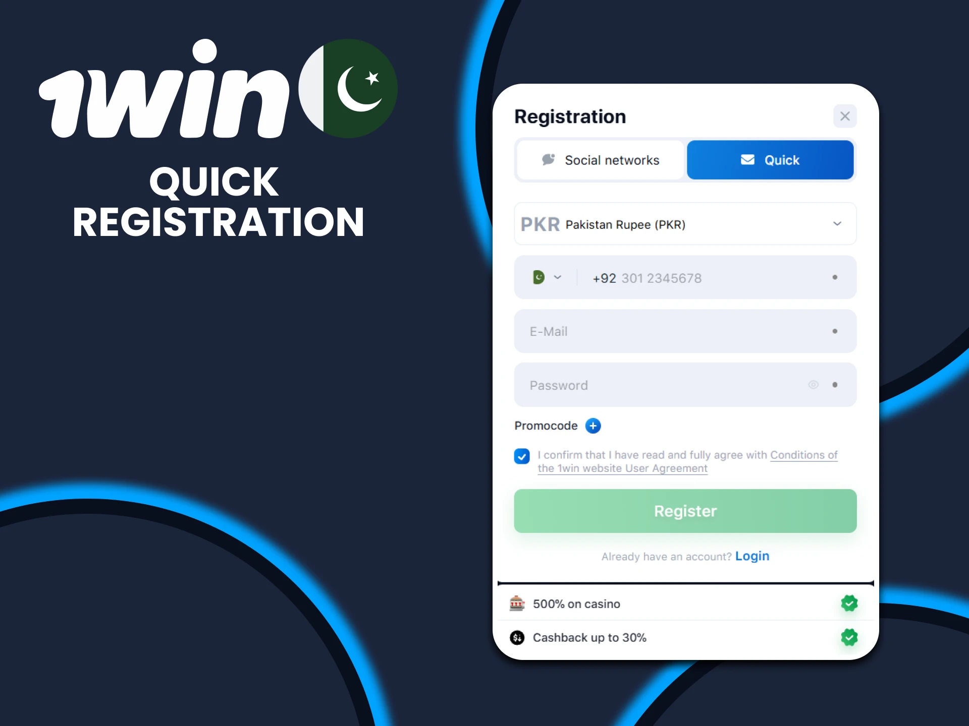 Use the quick registration method on 1win.