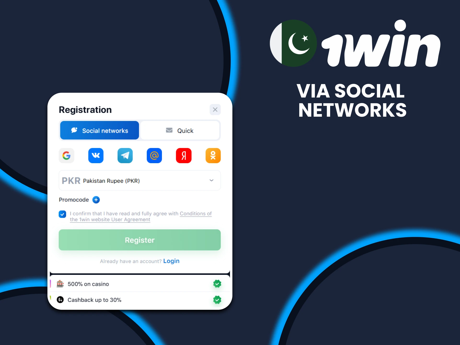 To register on 1win you can use social networks.