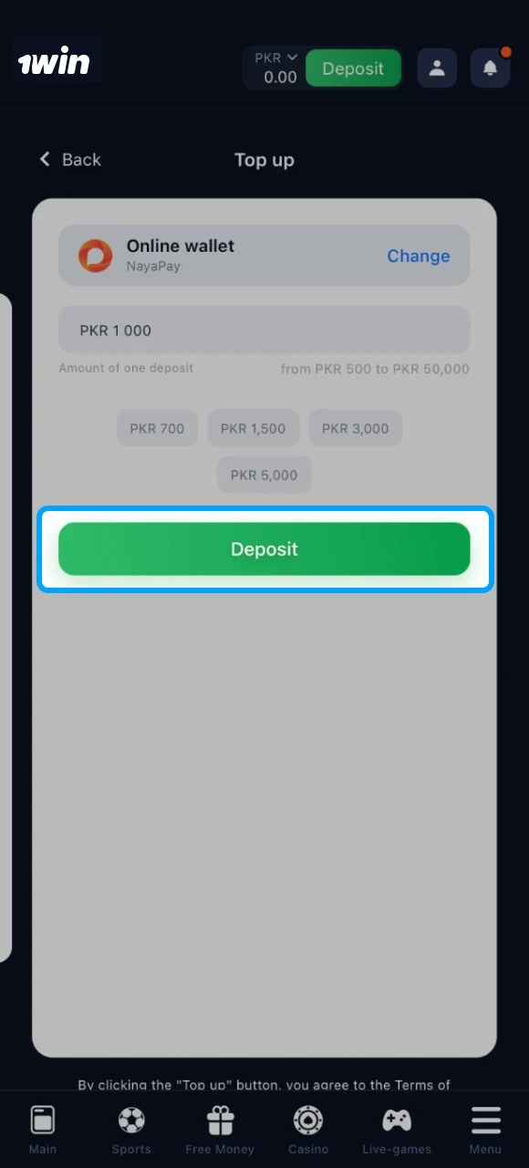 Complete the deposit process at 1win online casino and wait for your balance to be replenished.