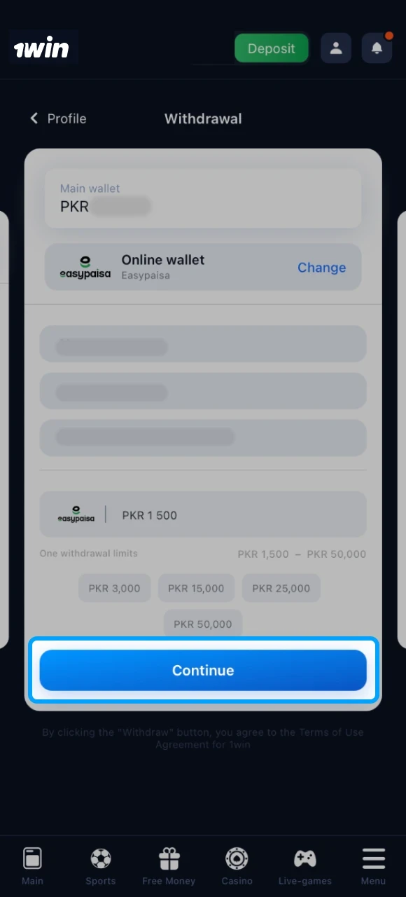 Confirm the withdrawal of funds in the online casino 1win and wait for them to be credited to your account.